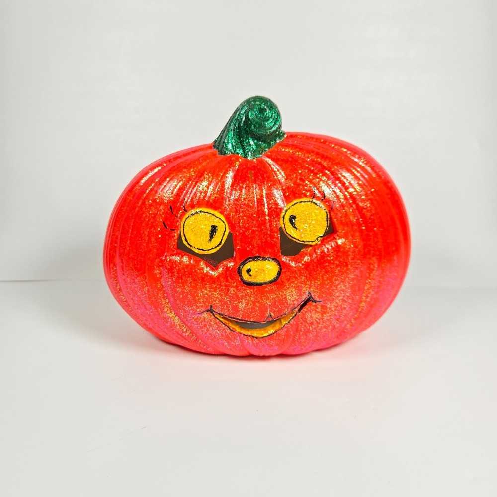 Small Ceramic Pumpkin Jack O Lantern Friendly Spooky Face - Lights up with Bulb